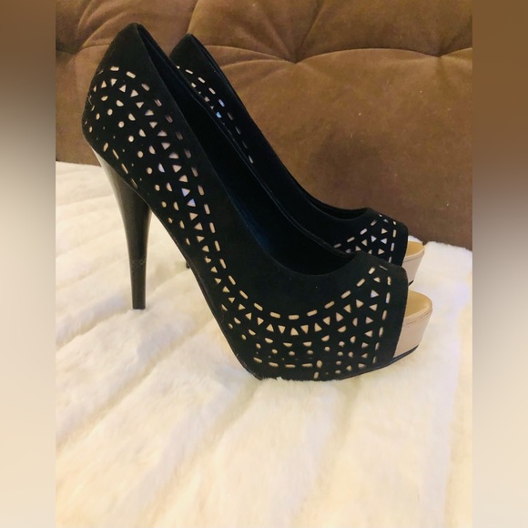 Sole Society | Peep Toe Stilettos Platform Heels | Kaitlyn | Black w Tan Detail - Picture 5 of 8